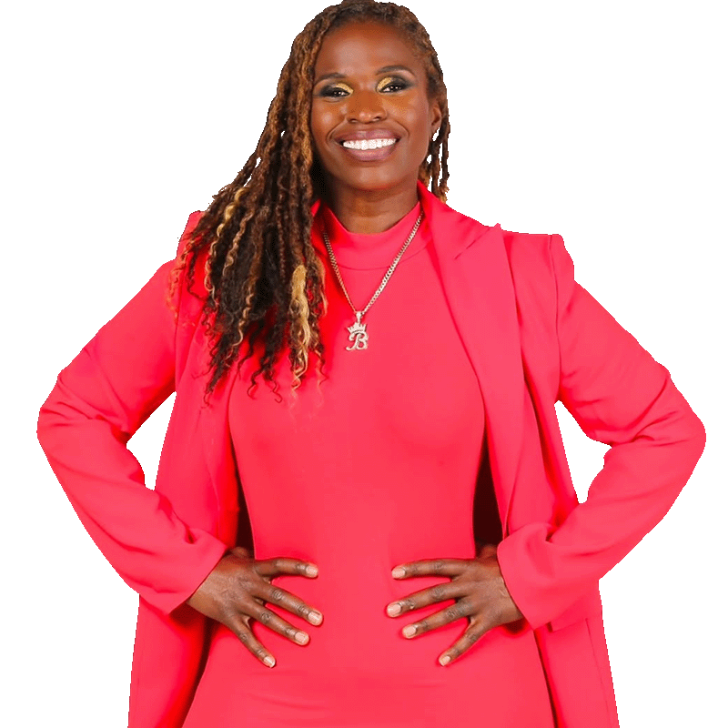 Bridgette Simpson in a Pink Suit Smiling